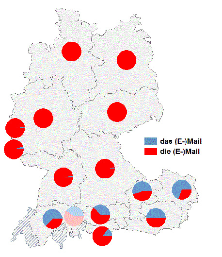 Wo schreibt man «ein E-Mail», wo «eine E-Mail»? Während in Deutschland, Belgien und Luxemburg fast ausnahmslos die weibliche Form in Gebrauch ist, überwiegt in Mittel- und Ostösterreich sowie in der Schweiz die Variante mit neutralem Genus.