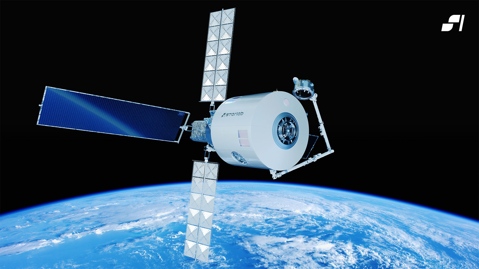 Rendering of the Starlab Space Station in the orbit with a view of the earth as backdrop.