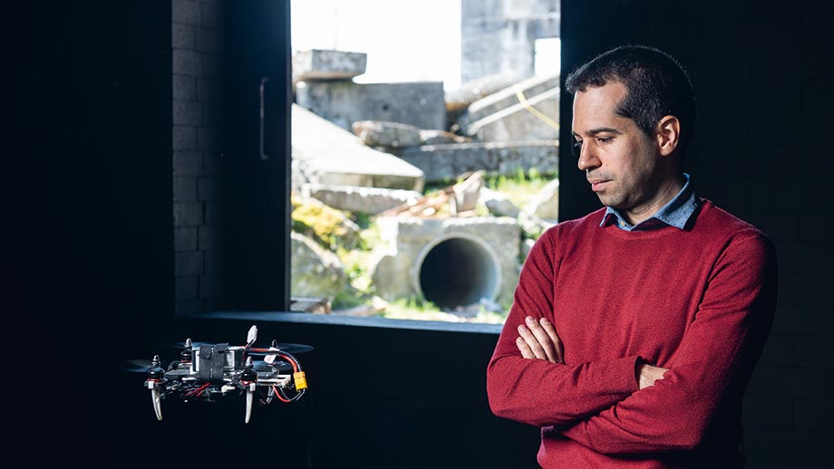 Judicious navigation: Davide Scaramuzza tests out a drone in the Rohwiesen shelter.