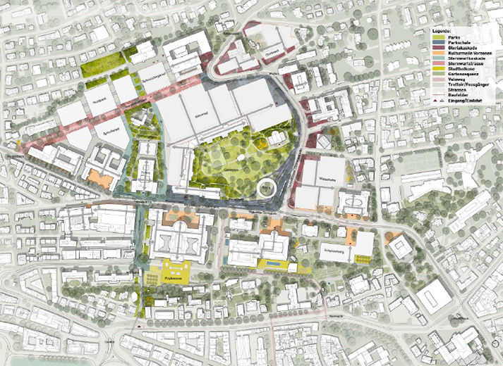 Charakteristisches Merkmal des ganzen Quartiers bilden bestehende und neue grosse Solitärbäume unterschiedlicher Gattungen.