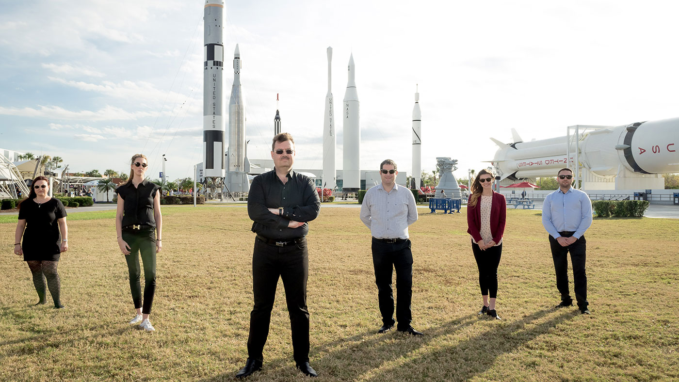 Space Hub at the Kennedy Space Center: The UZH team with Professor Oliver Ullrich and employees from the Swiss-Israeli company Spacepharma. Their life-science experiment was brought from concept to implementation on the International Space Station in a record time of only three months. (Picture: Regina Sablotny, UZH)