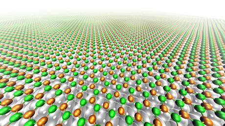 When hydrogen accumulates between the boron nitride and the rhodium layer, the honeycomb nanomesh structure becomes flat.