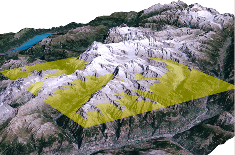 Die Wichtigkeit von Heterogenität für die Darstellung und Analyse von Permafrost ist in der Schweiz besonders deutlich zu erkennen: Im Berner Oberland und im Wallis auf diesem Bild gibt es in den Gipfeln mächtigen Permafrost und Weinanbau im Tal. Diese Heterogenität mit grobskaligen Modellen, wie durch die gelbe Fläche angedeutet, abzuschätzen ist schwierig. Eine einzelne Berechnung für die gelbe Fläche würde kaum verwertbare Informationen über Permafrost in diesem Gebiet liefern.